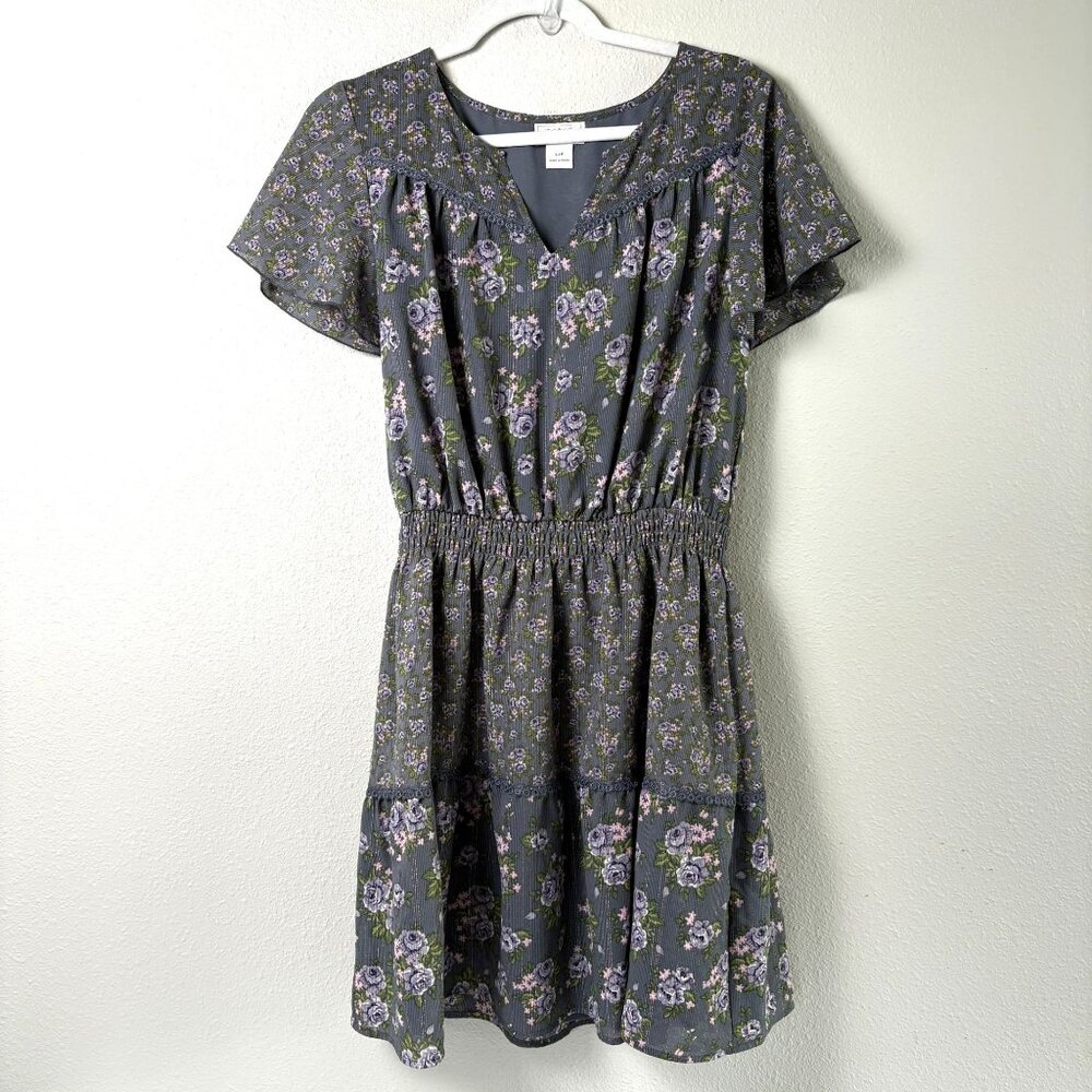 Ariat Exhale Dress Womens S Gray Purple Floral Tiered Short Sleeve Boho Western